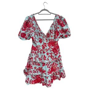 Caroline‎ Constas Red Floral Puff Sleeve Tiered Mini Dress Size L Cotton Boho